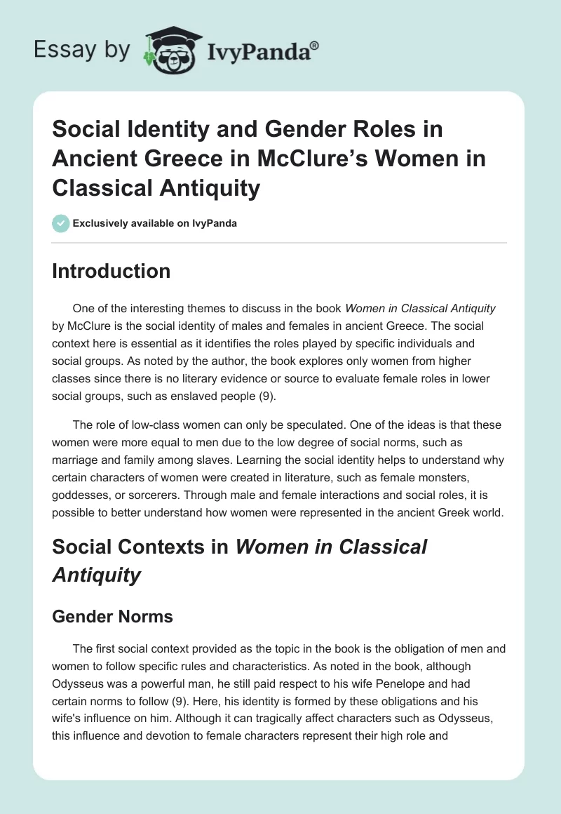 Social Identity and Gender Roles in Ancient Greece in McClure’s Women in Classical Antiquity. Page 1