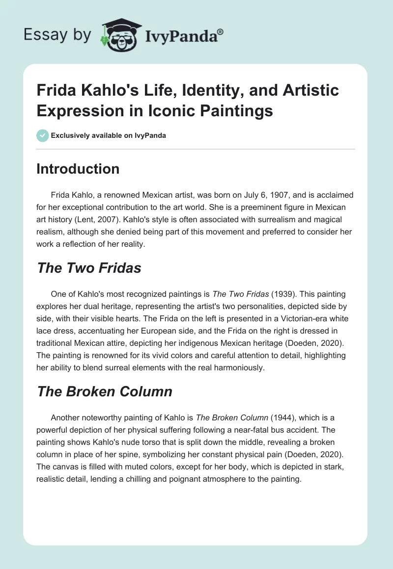 Frida Kahlo's Life, Identity, and Artistic Expression in Iconic Paintings. Page 1