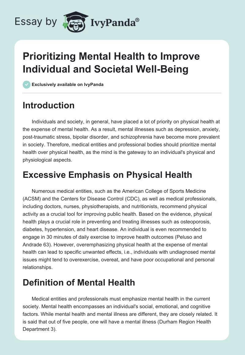 Prioritizing Mental Health to Improve Individual and Societal Well-Being. Page 1