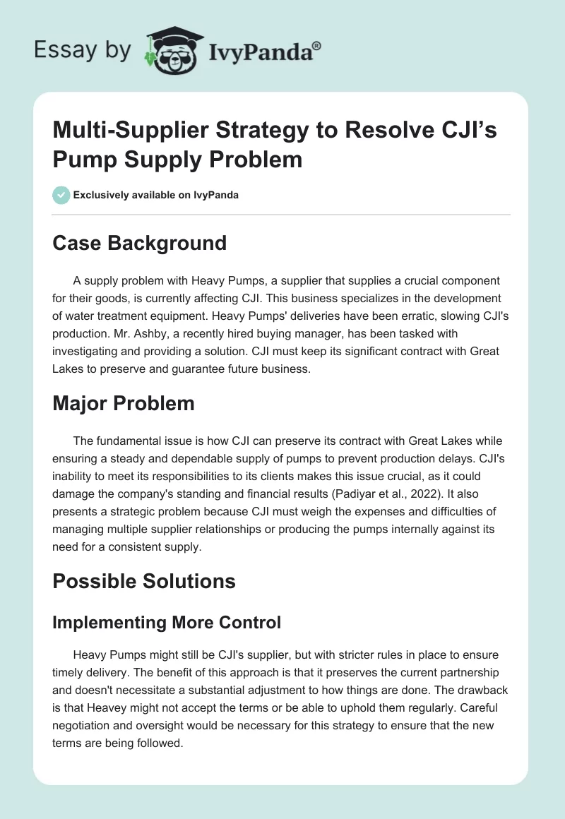 Multi-Supplier Strategy to Resolve CJI’s Pump Supply Problem. Page 1