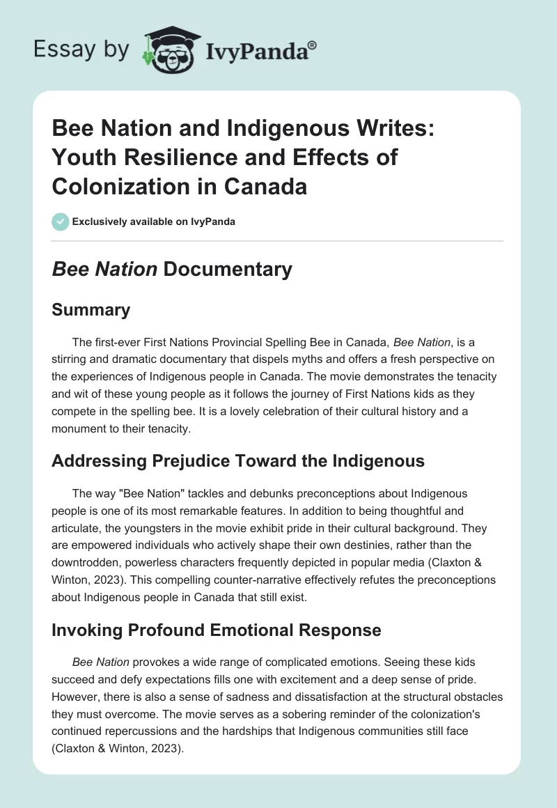 Bee Nation and Indigenous Writes: Youth Resilience and Effects of Colonization in Canada. Page 1