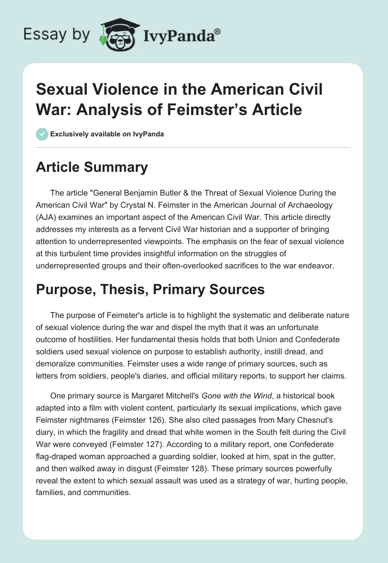 Sexual Violence in the American Civil War: Analysis of Feimster’s Article. Page 1