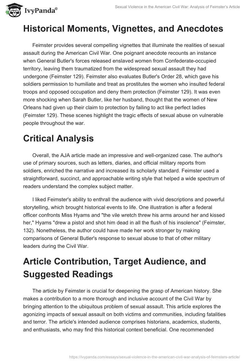 Sexual Violence in the American Civil War: Analysis of Feimster’s Article. Page 2