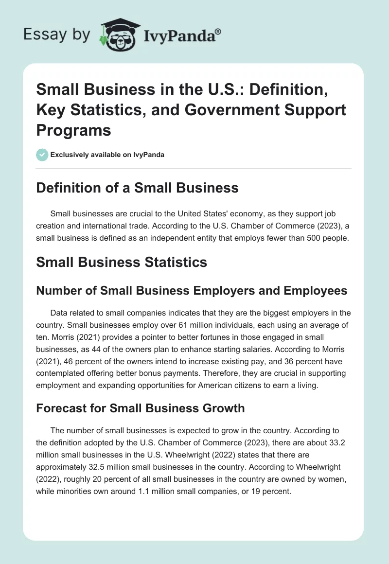 Small Business in the U.S.: Definition, Key Statistics, and Government Support Programs. Page 1