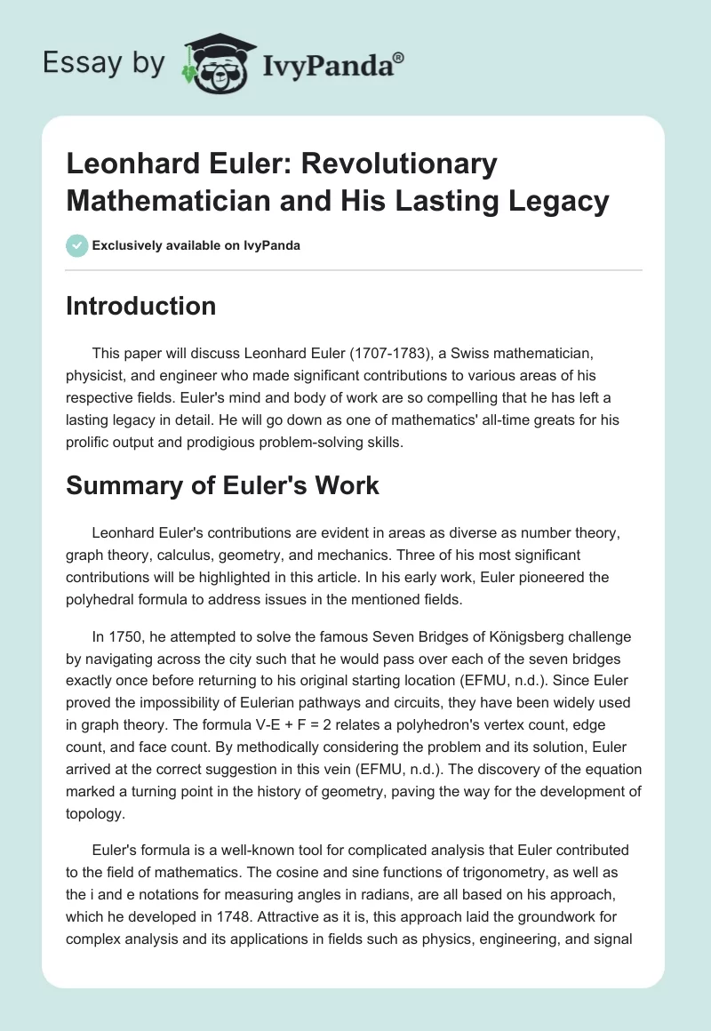 Leonhard Euler: Revolutionary Mathematician and His Lasting Legacy. Page 1