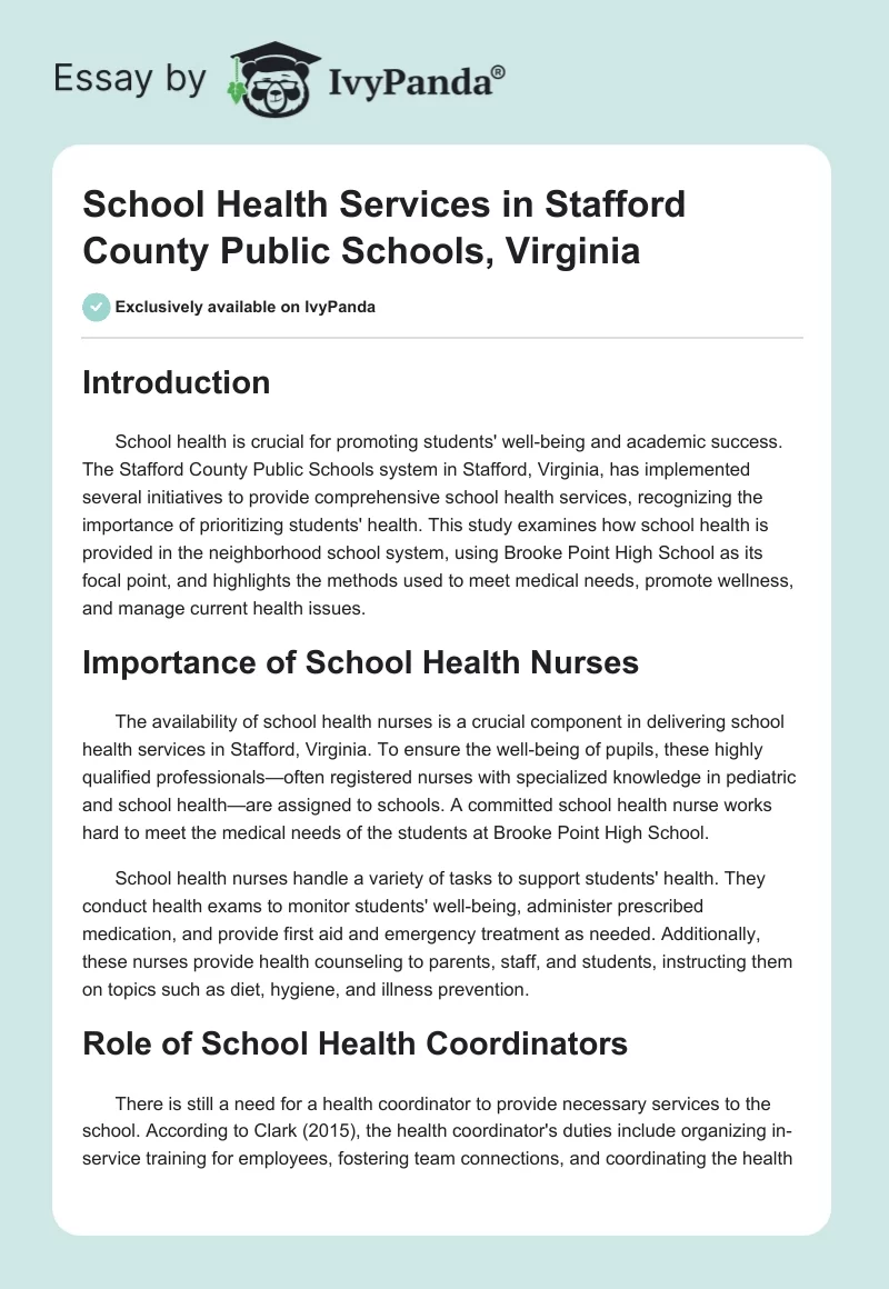 School Health Services in Stafford County Public Schools, Virginia. Page 1