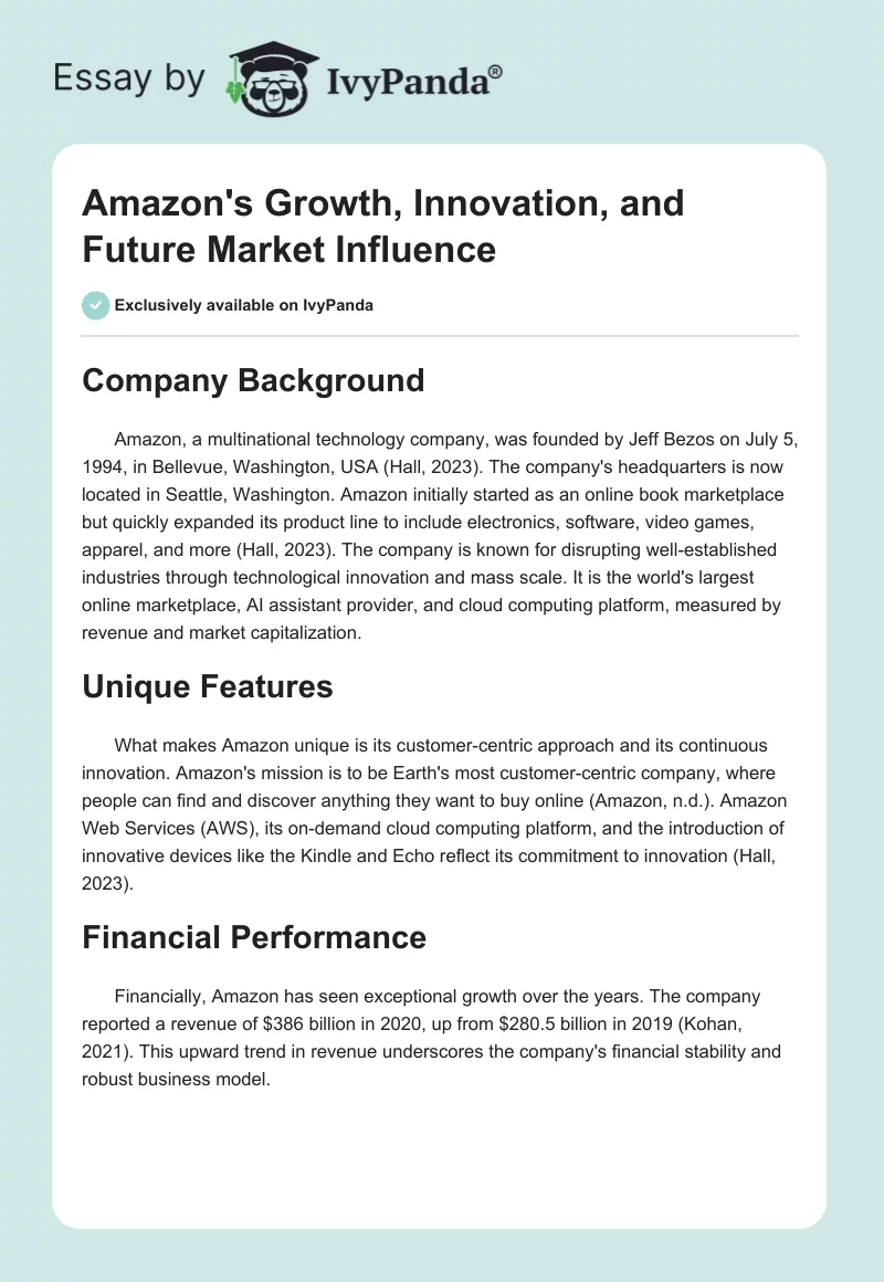 Amazon's Growth, Innovation, and Future Market Influence. Page 1