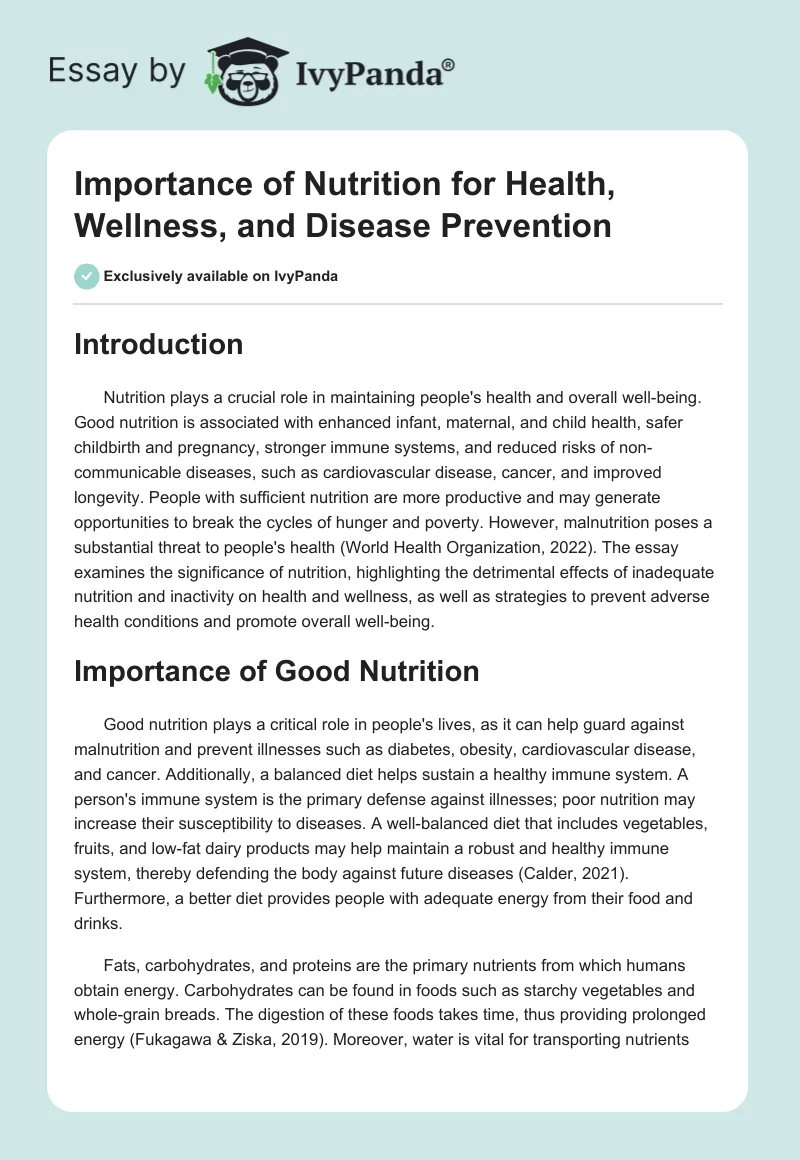 Importance of Nutrition for Health, Wellness, and Disease Prevention. Page 1