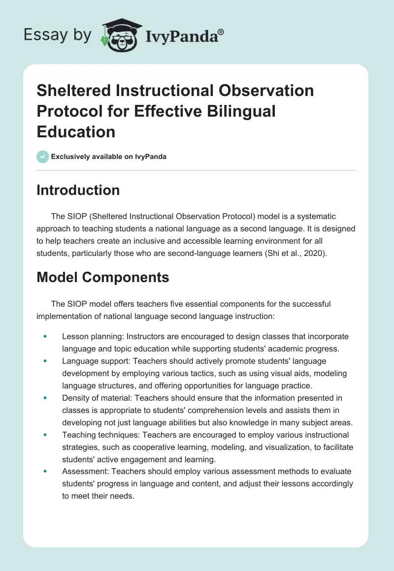 Sheltered Instructional Observation Protocol for Effective Bilingual Education. Page 1