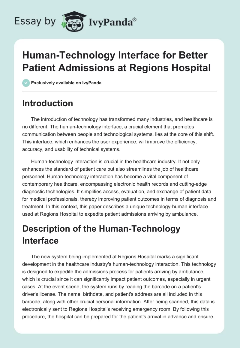 Human-Technology Interface for Better Patient Admissions at Regions Hospital. Page 1