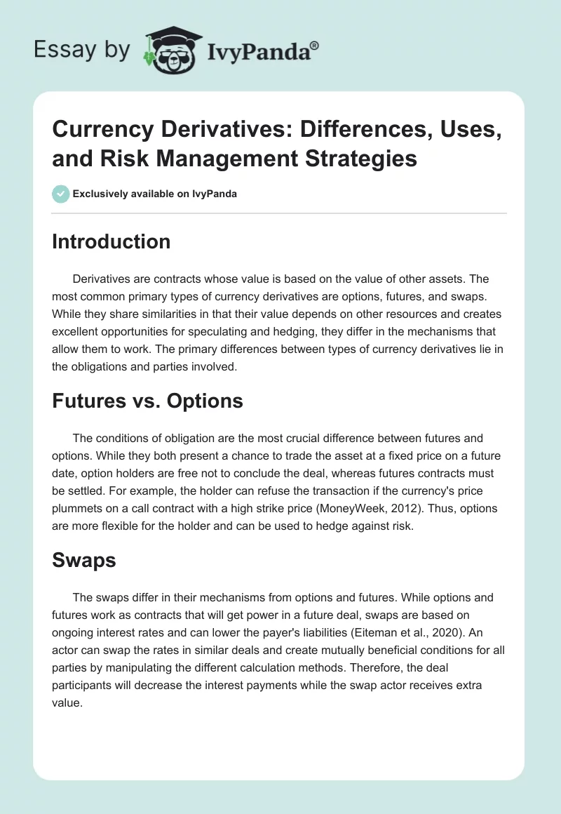 Currency Derivatives: Differences, Uses, and Risk Management Strategies. Page 1