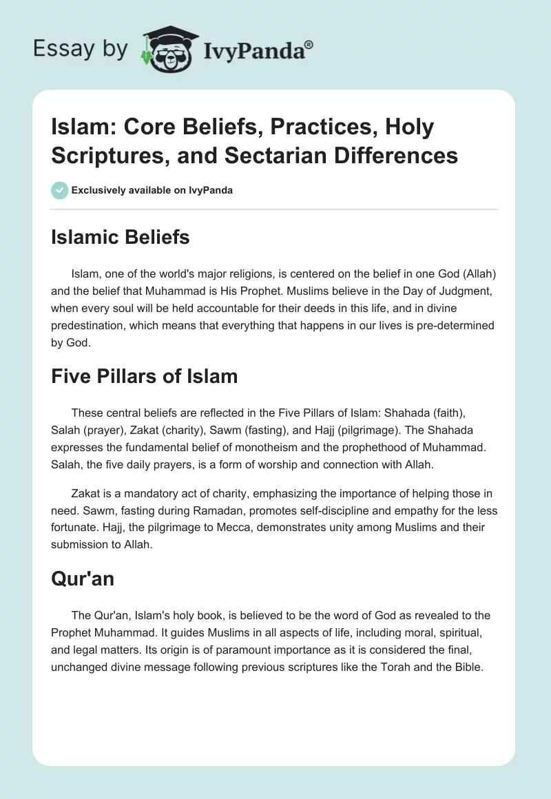 Islam: Core Beliefs, Practices, Holy Scriptures, and Sectarian Differences. Page 1