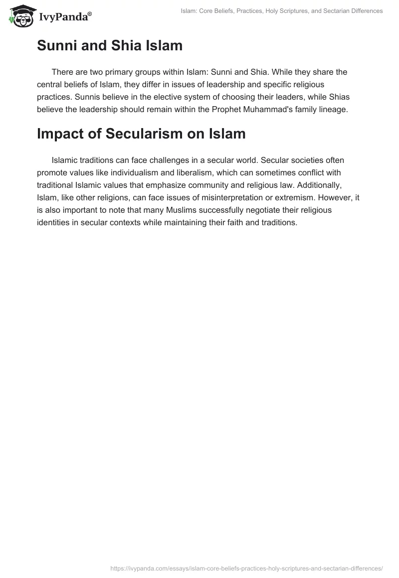 Islam: Core Beliefs, Practices, Holy Scriptures, and Sectarian Differences. Page 2