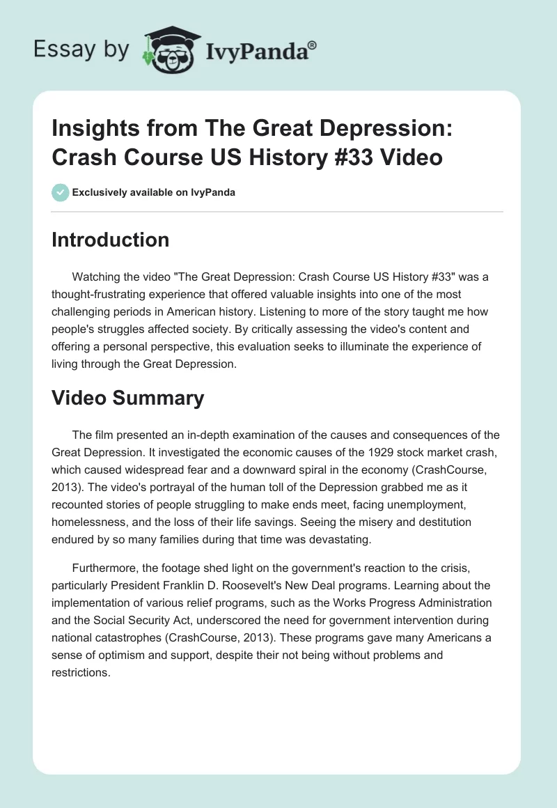 Insights from "The Great Depression: Crash Course US History #33" Video. Page 1