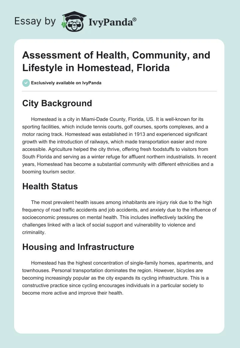 Assessment of Health, Community, and Lifestyle in Homestead, Florida. Page 1