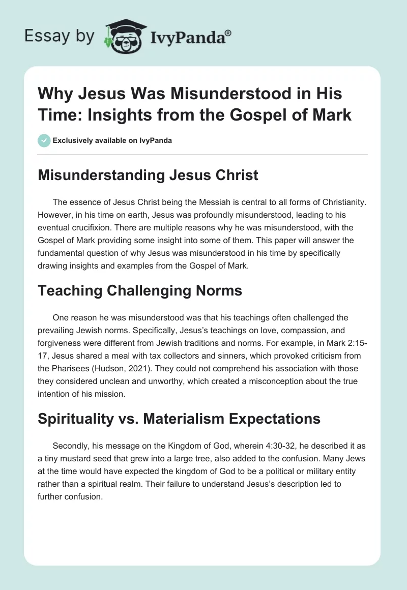 Why Jesus Was Misunderstood in His Time: Insights from the Gospel of Mark. Page 1