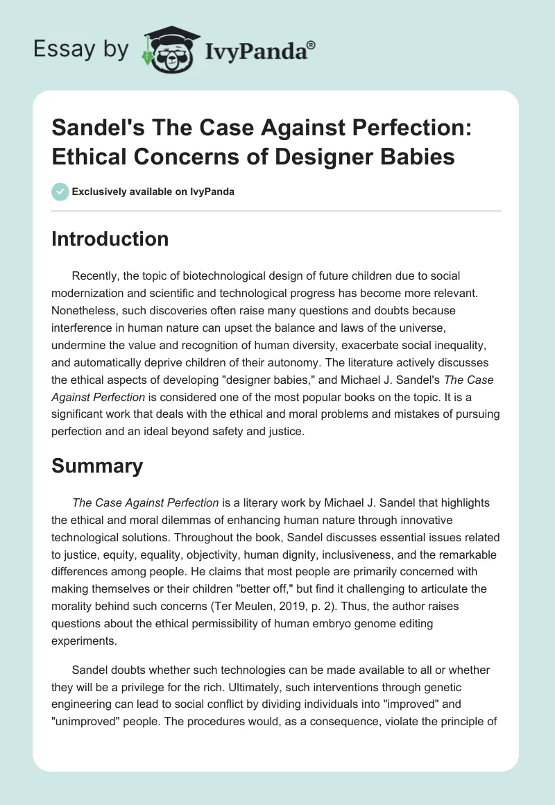 Sandel's The Case Against Perfection: Ethical Concerns of Designer Babies. Page 1