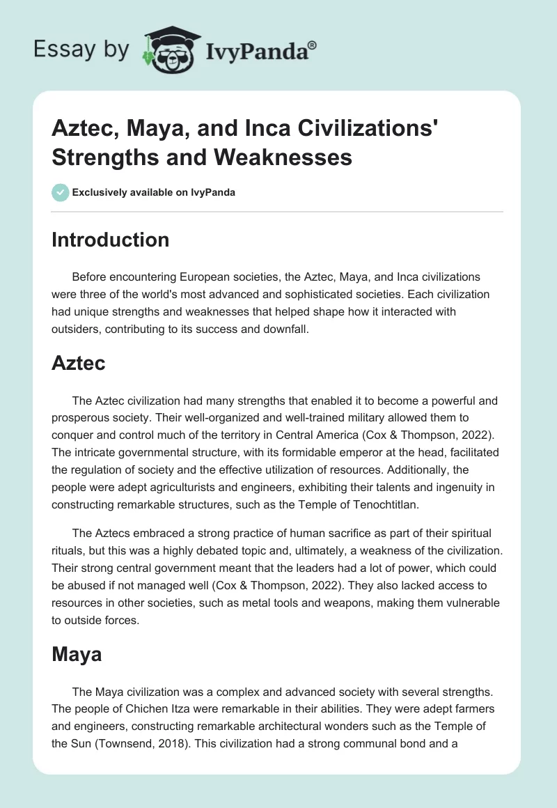 Aztec, Maya, and Inca Civilizations' Strengths and Weaknesses. Page 1