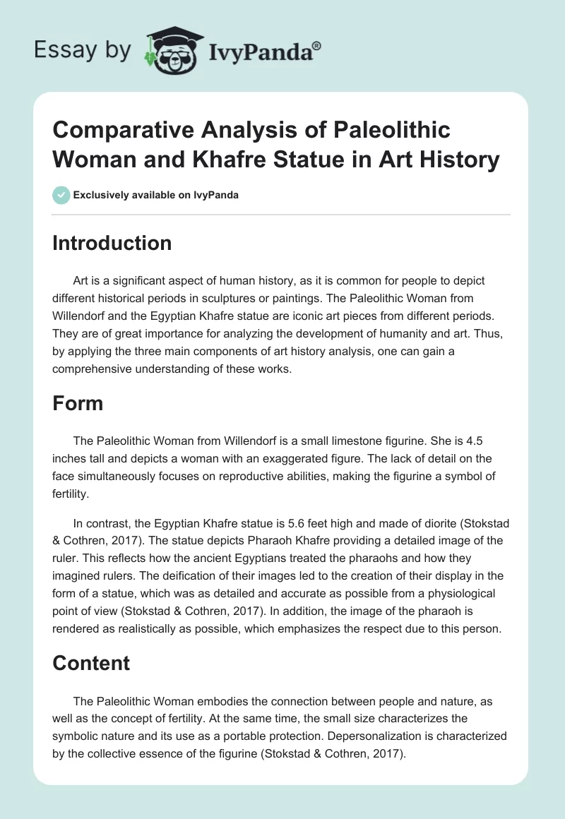 Comparative Analysis of Paleolithic Woman and Khafre Statue in Art History. Page 1