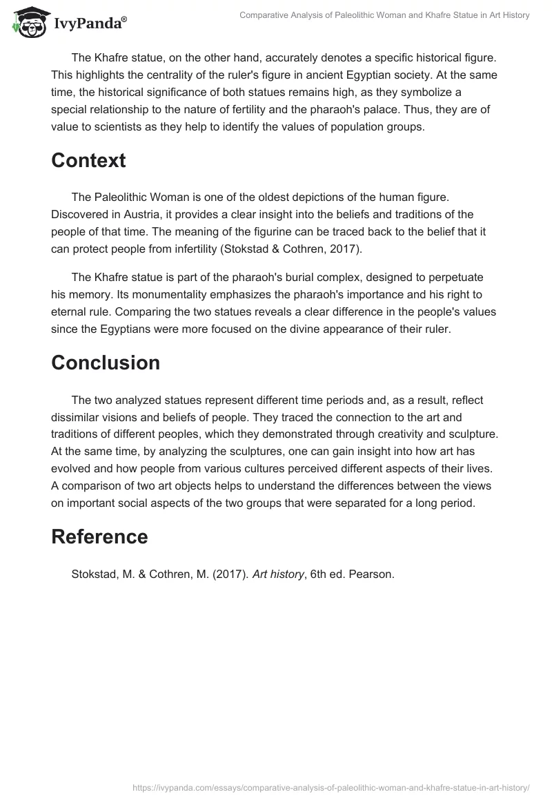 Comparative Analysis of Paleolithic Woman and Khafre Statue in Art History. Page 2