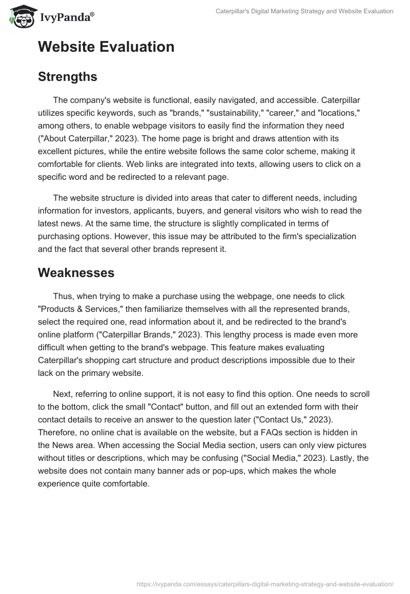 Caterpillar's Digital Marketing Strategy and Website Evaluation. Page 2