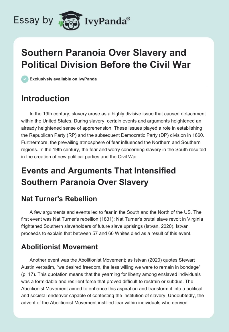 Southern Paranoia Over Slavery and Political Division Before the Civil War. Page 1