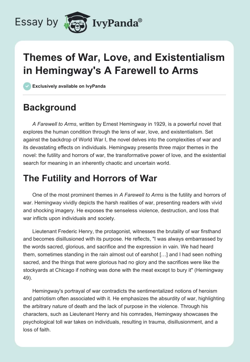 Themes of War, Love, and Existentialism in Hemingway's A Farewell to Arms. Page 1