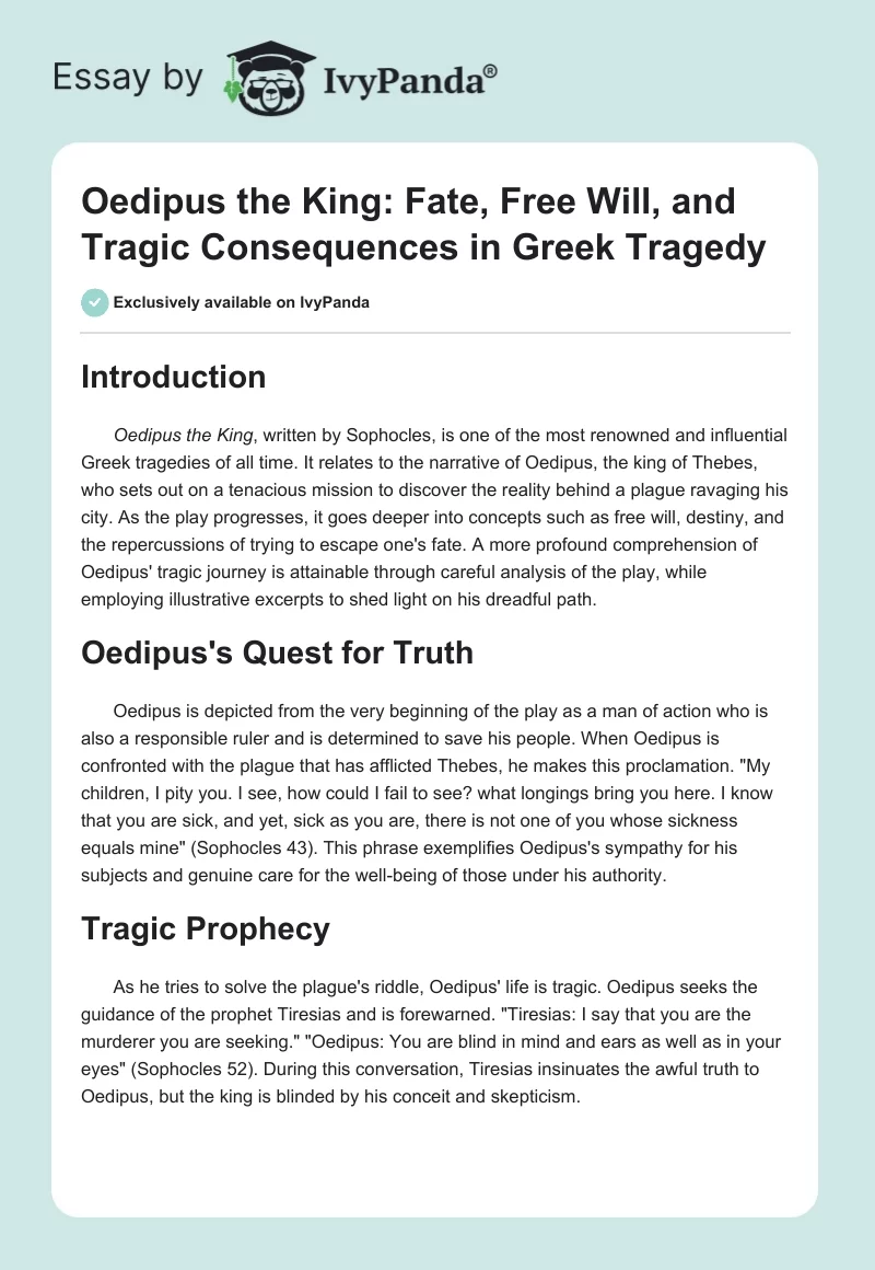 Oedipus the King: Fate, Free Will, and Tragic Consequences in Greek Tragedy. Page 1