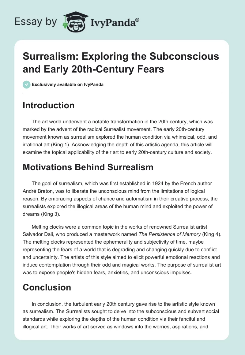 Surrealism: Exploring the Subconscious and Early 20th-Century Fears. Page 1