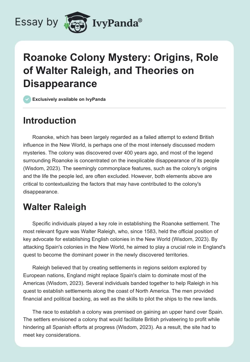 Roanoke Colony Mystery: Origins, Role of Walter Raleigh, and Theories on Disappearance. Page 1