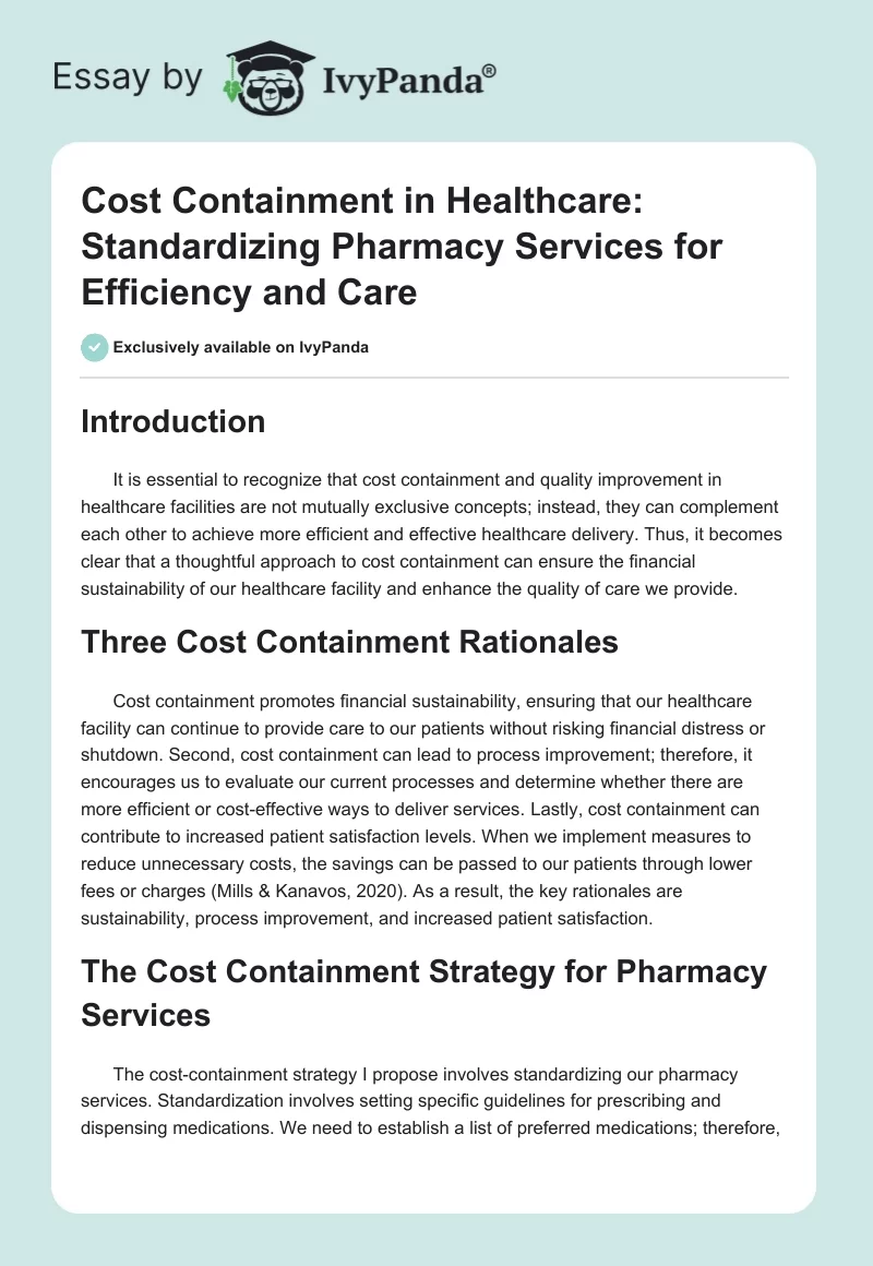 Cost Containment in Healthcare: Standardizing Pharmacy Services for Efficiency and Care. Page 1