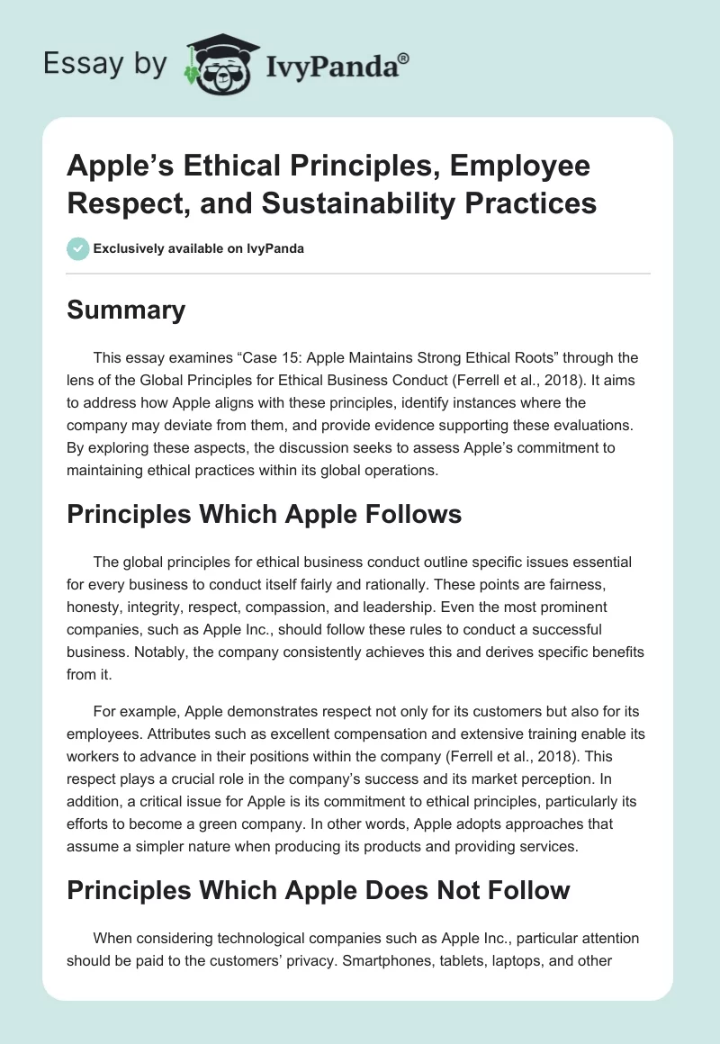 Apple’s Ethical Principles, Employee Respect, and Sustainability Practices. Page 1