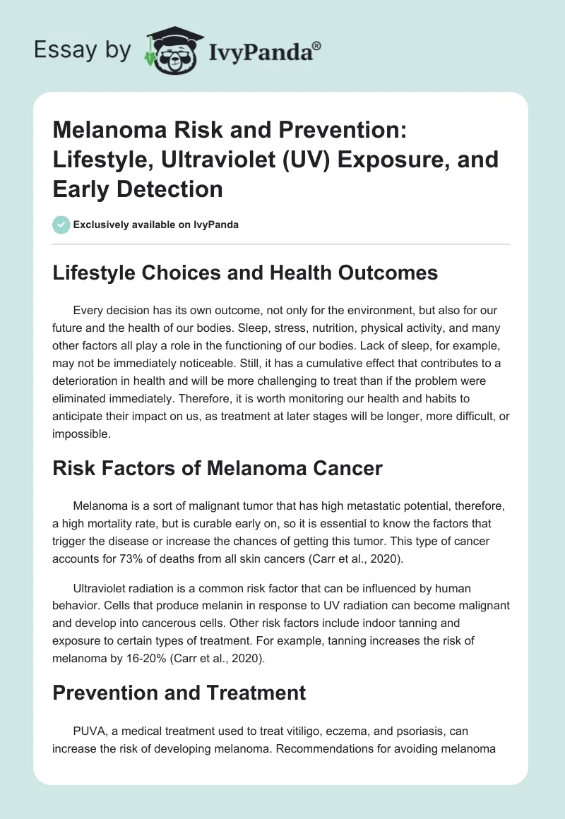 Melanoma Risk and Prevention: Lifestyle, Ultraviolet (UV) Exposure, and Early Detection. Page 1