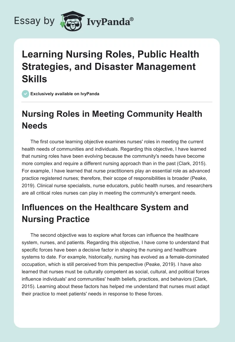 Learning Nursing Roles, Public Health Strategies, and Disaster Management Skills. Page 1
