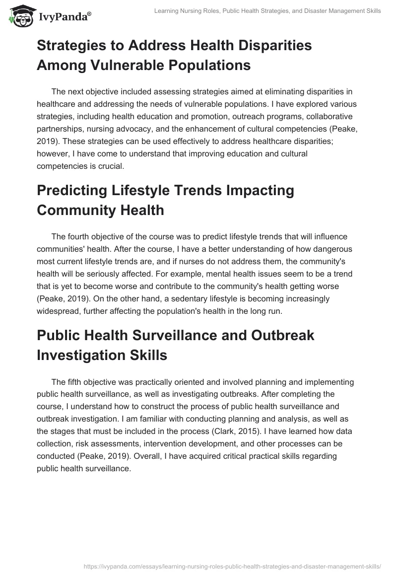 Learning Nursing Roles, Public Health Strategies, and Disaster Management Skills. Page 2