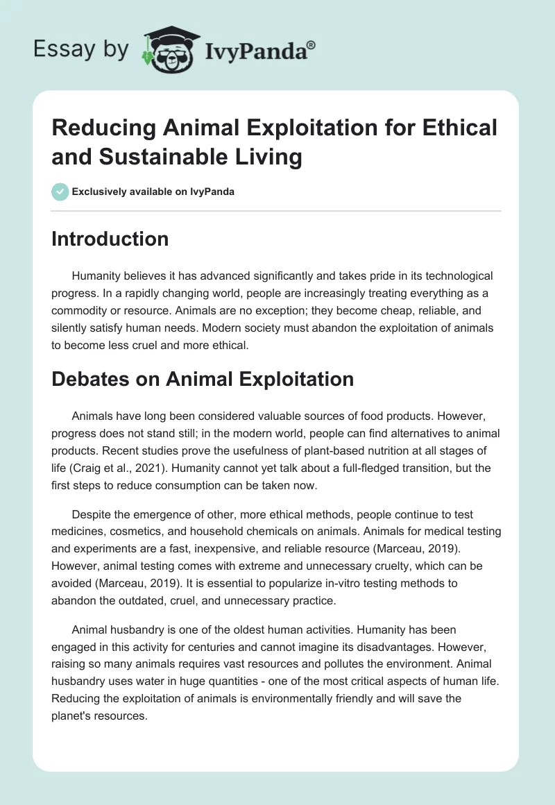 Reducing Animal Exploitation for Ethical and Sustainable Living. Page 1