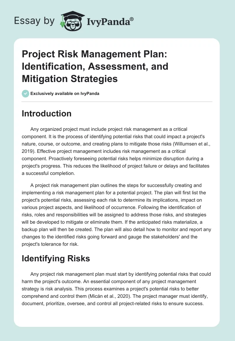 Project Risk Management Plan: Identification, Assessment, and Mitigation Strategies. Page 1