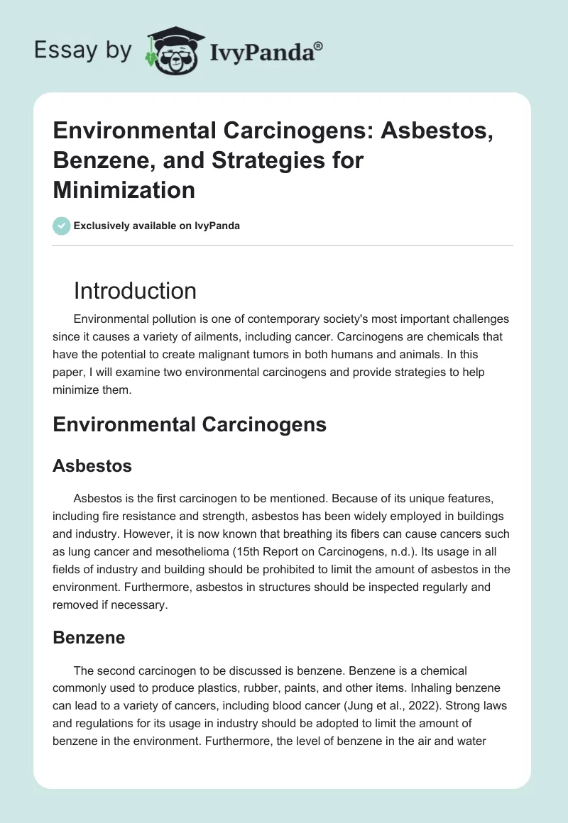 Environmental Carcinogens: Asbestos, Benzene, and Strategies for Minimization. Page 1