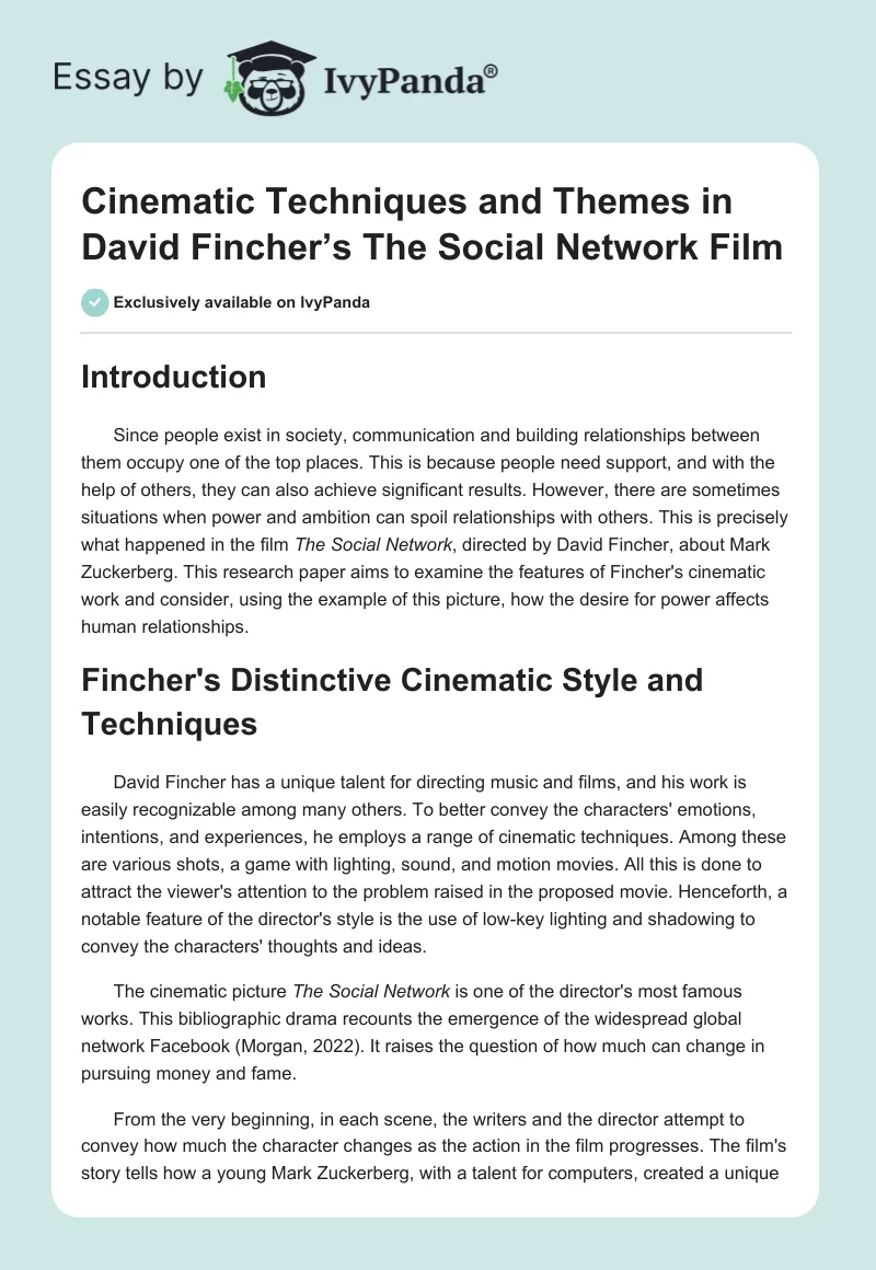Cinematic Techniques and Themes in David Fincher’s The Social Network Film. Page 1