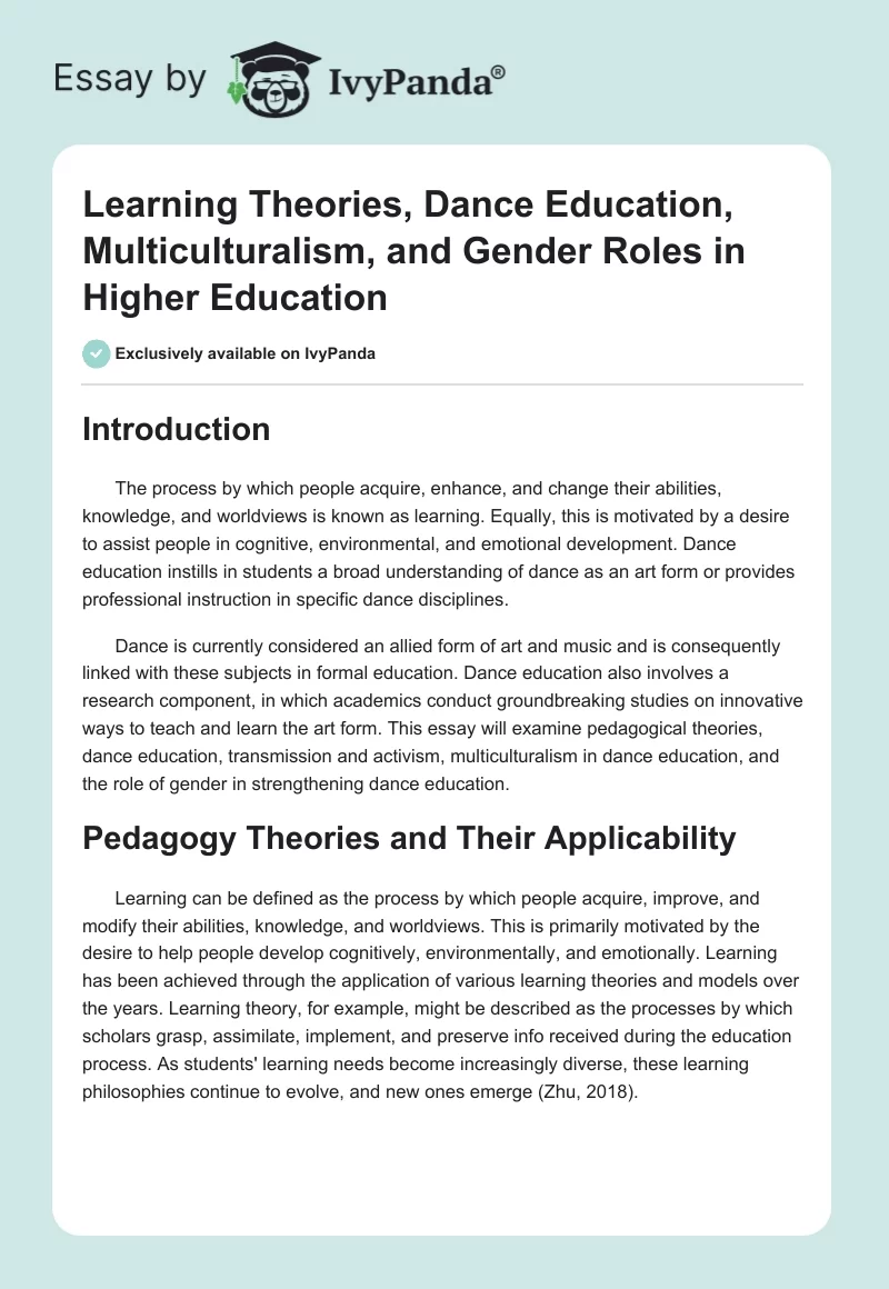 Learning Theories, Dance Education, Multiculturalism, and Gender Roles in Higher Education. Page 1