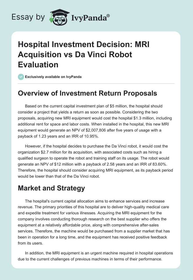 Hospital Investment Decision: MRI Acquisition vs Da Vinci Robot Evaluation. Page 1