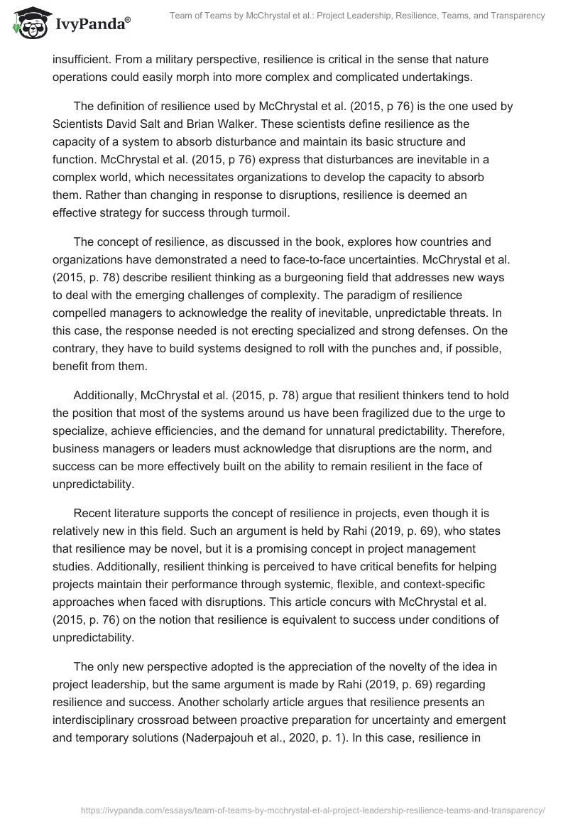 Team of Teams by McChrystal et al.: Project Leadership, Resilience, Teams, and Transparency. Page 2