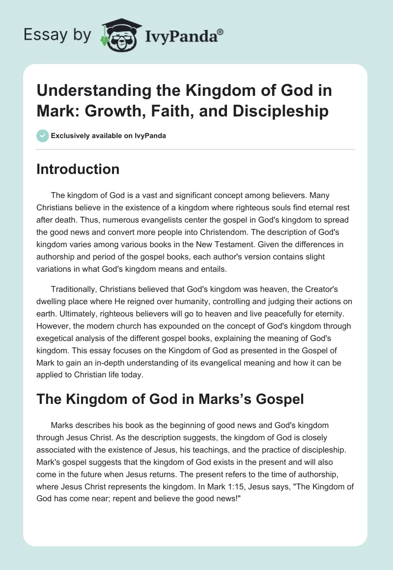 Understanding the Kingdom of God in Mark: Growth, Faith, and Discipleship. Page 1