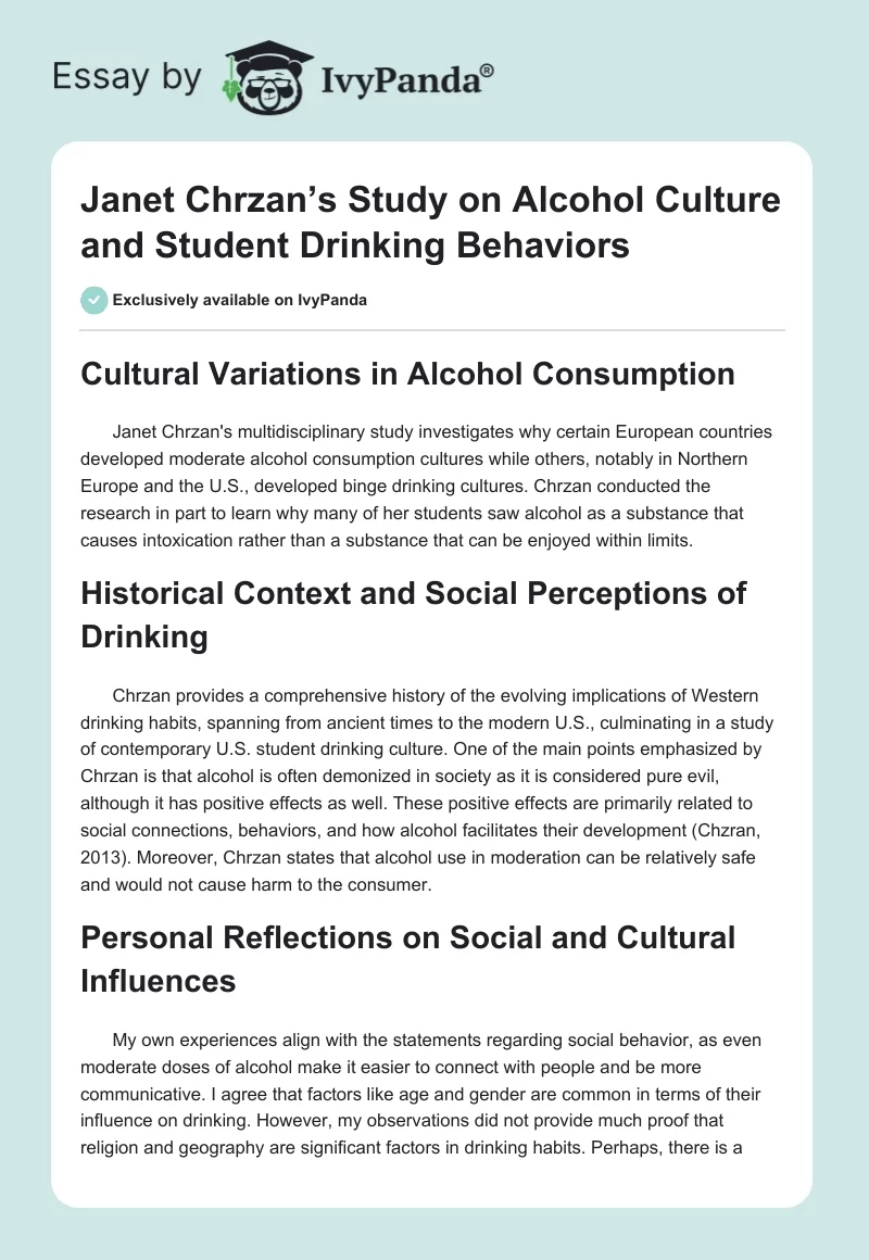 Janet Chrzan’s Study on Alcohol Culture and Student Drinking Behaviors. Page 1
