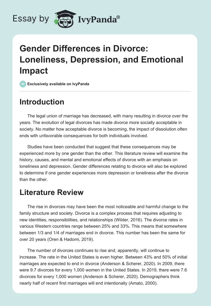Gender Differences in Divorce: Loneliness, Depression, and Emotional Impact. Page 1