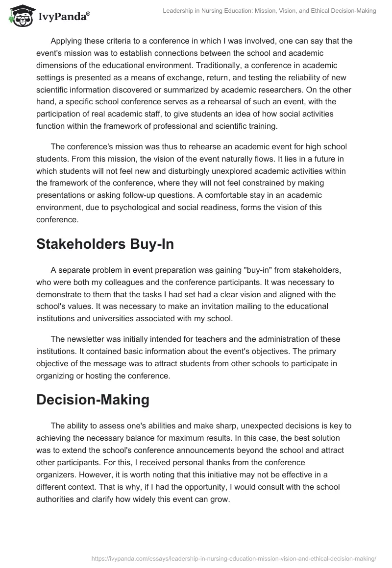 Leadership in Nursing Education: Mission, Vision, and Ethical Decision-Making. Page 2