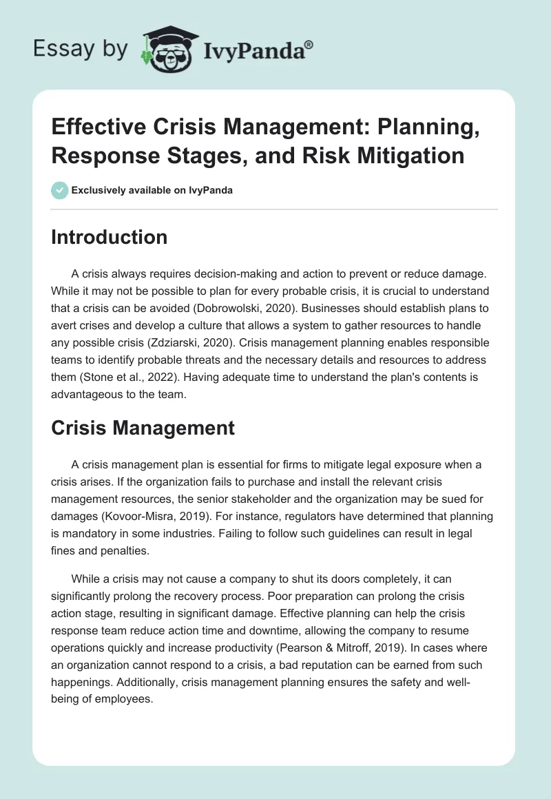 Effective Crisis Management: Planning, Response Stages, and Risk Mitigation. Page 1