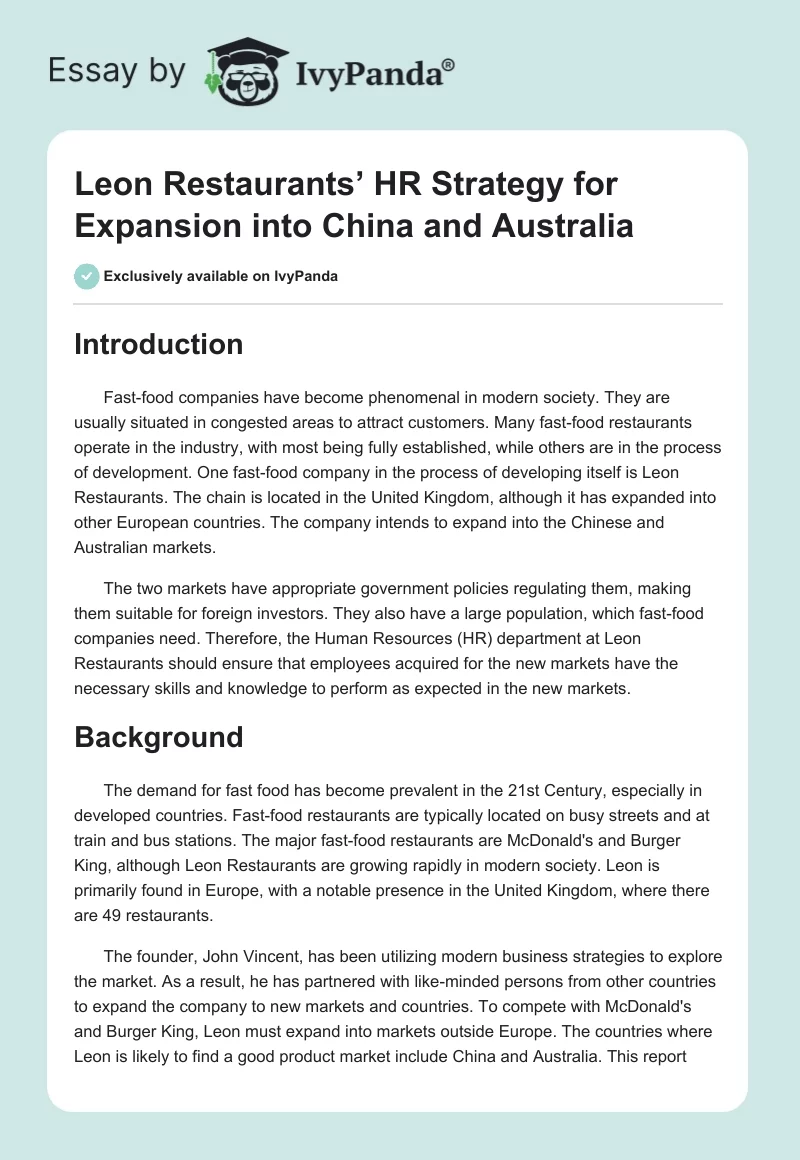 Leon Restaurants’ HR Strategy for Expansion into China and Australia. Page 1