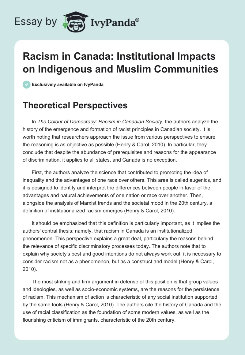 Racism in Canada: Institutional Impacts on Indigenous and Muslim Communities. Page 1