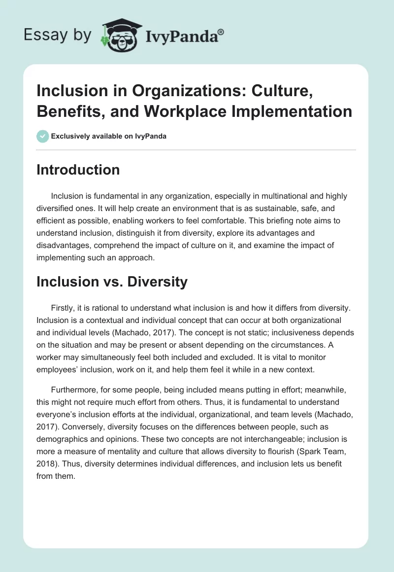 Inclusion in Organizations: Culture, Benefits, and Workplace Implementation. Page 1